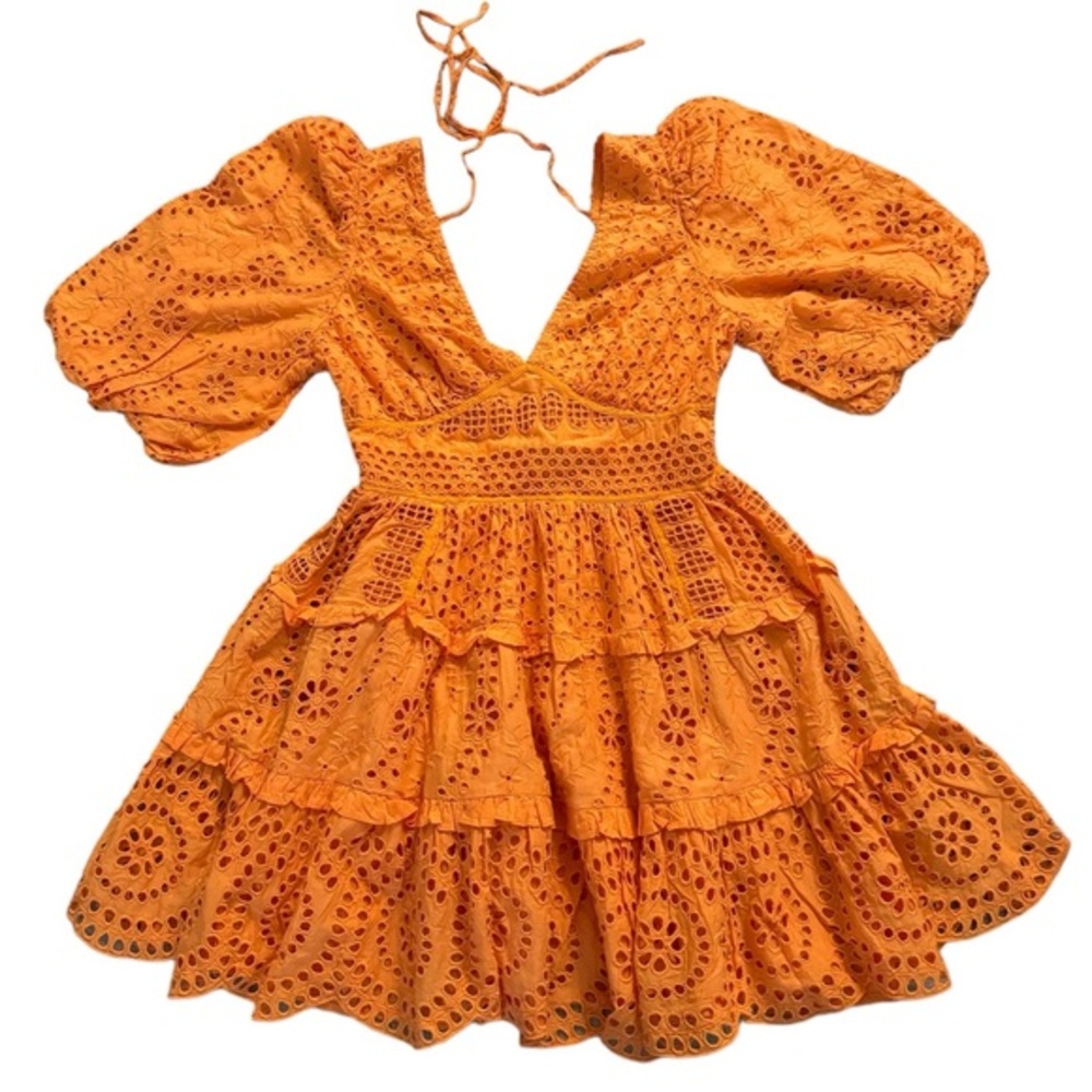 Women’s Orange Eyelet V-Neck Balloon Sleeve Midi Flare Dress Size 10 GUC